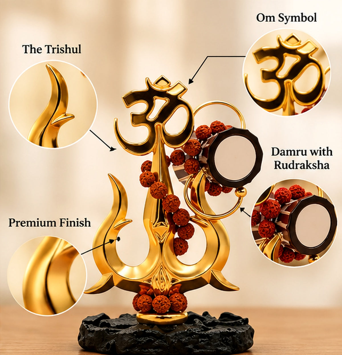 Golden Om symbol, Trishul, Damru and rudraksha-style bead details