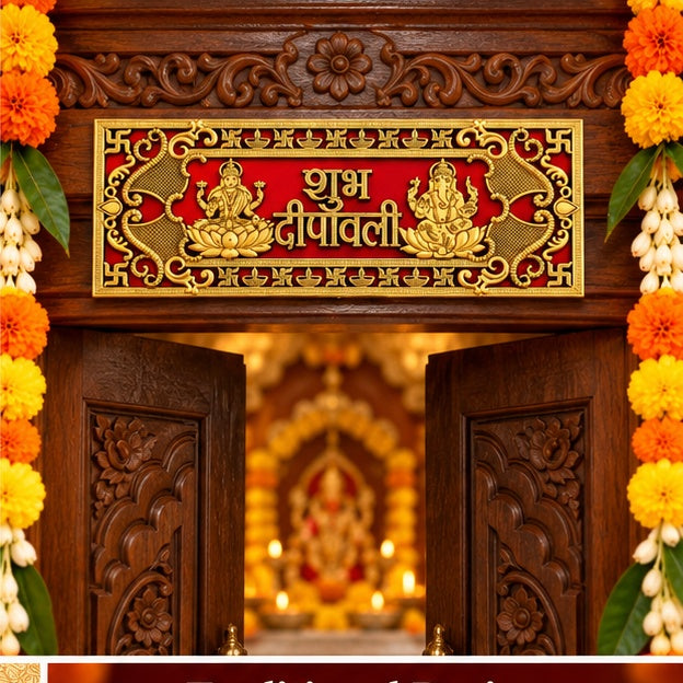 Shubh Deepavali plaque displayed above a decorated entrance