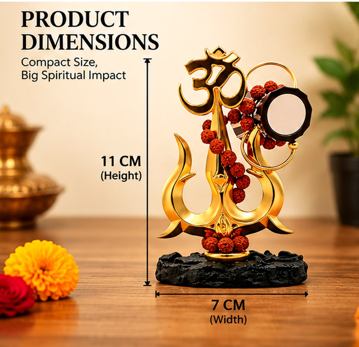 Golden Om Trishul Damru figurine — size reference
