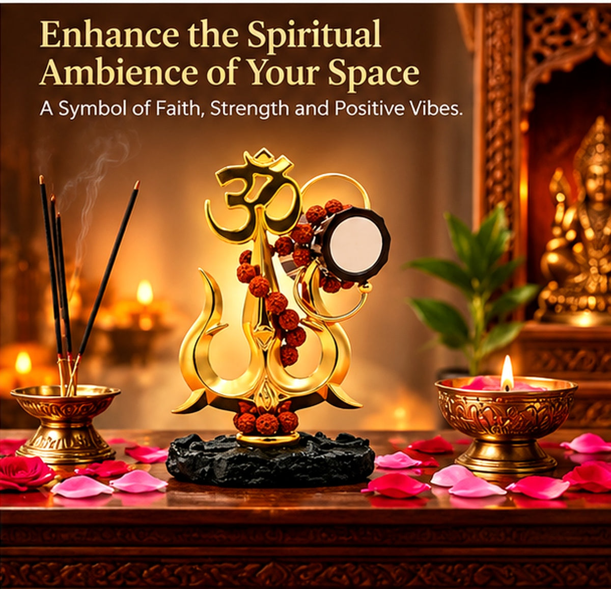 Golden Om Trishul Damru figurine styled in a devotional setting