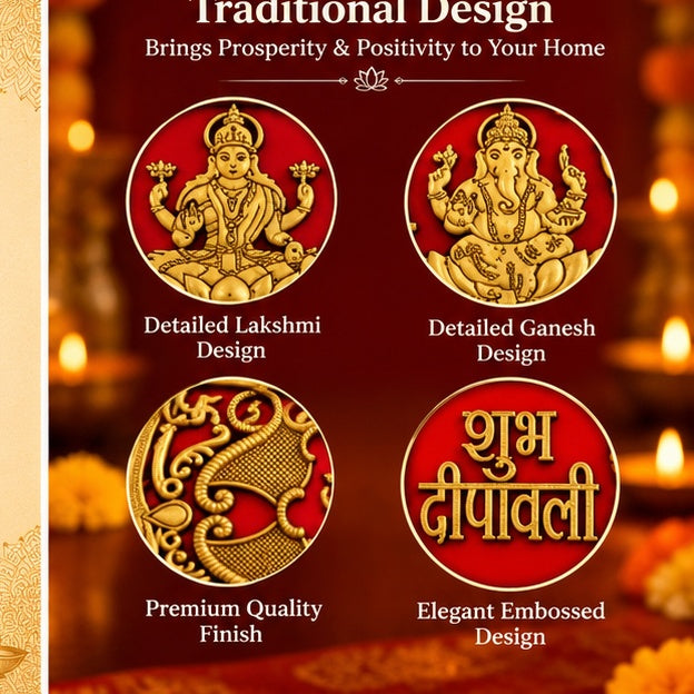 Close-up of Lakshmi, Ganesha and embossed Hindi design