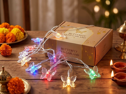 Actual product photo of a 3 metre multicolour butterfly LED garland with transparent wiring and colourful illuminated butterfly lights, shown with its product box