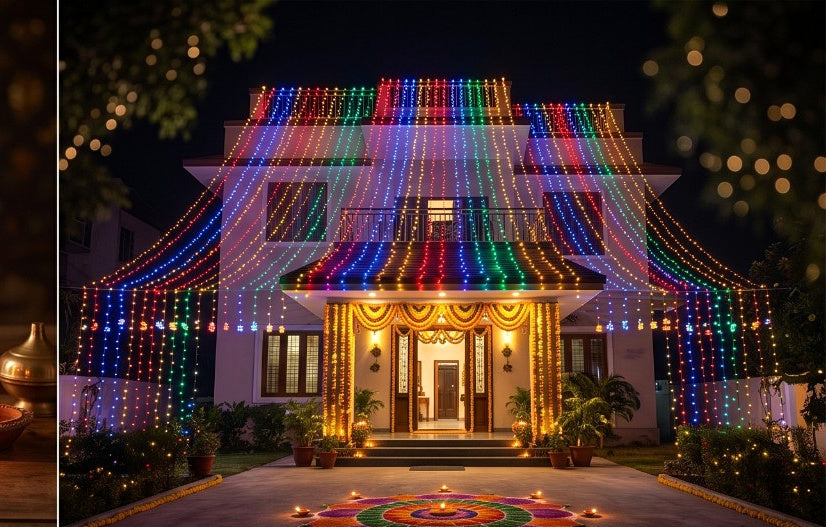 Multicolour LED jhalar lights decorating the exterior of a house for Diwali