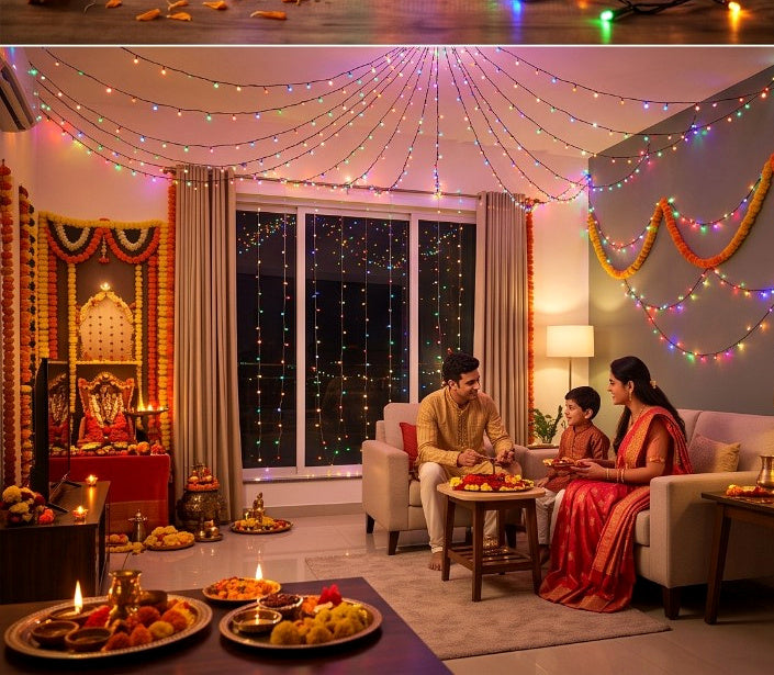 Multicolour LED jhalar lights used as indoor Diwali decoration in a family living room