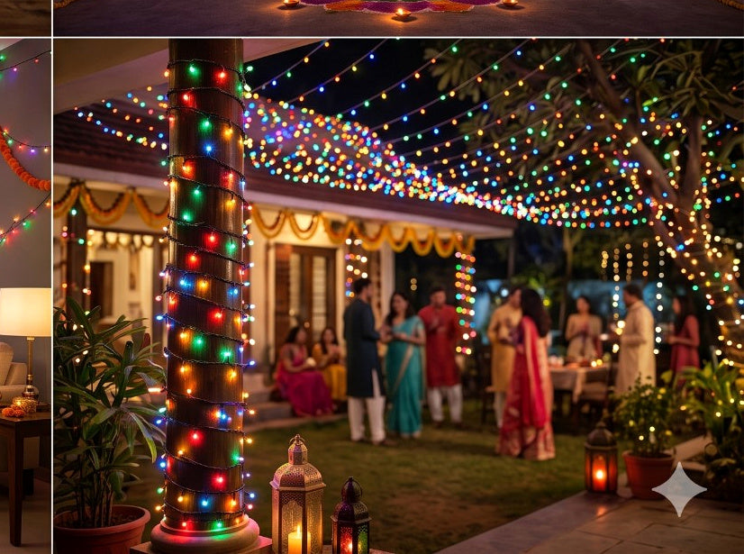 Multicolour LED jhalar lights wrapped around a tree and strung overhead in an outdoor festive gathering
