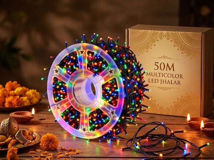 Main product photo: 50 metre multicolour LED jhalar string lights on a reel with product box, displaying the actual product