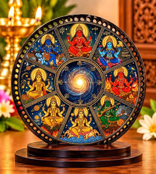 Circular Hindu devotional mandala plaque — front view