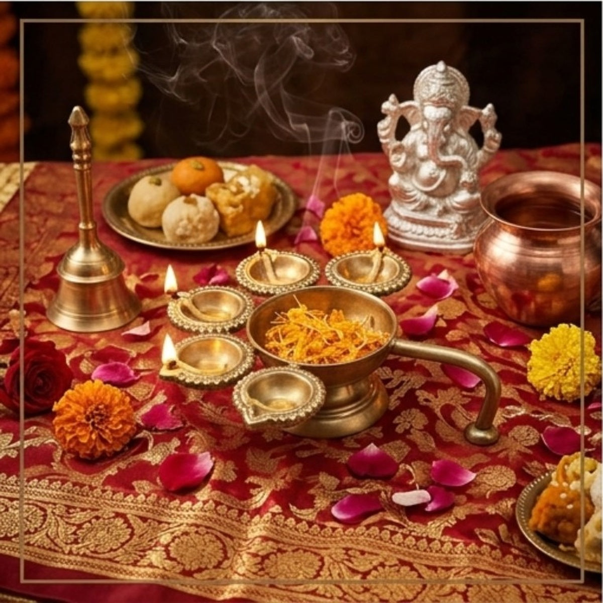 Brass aarti diya styled in a traditional pooja setting
