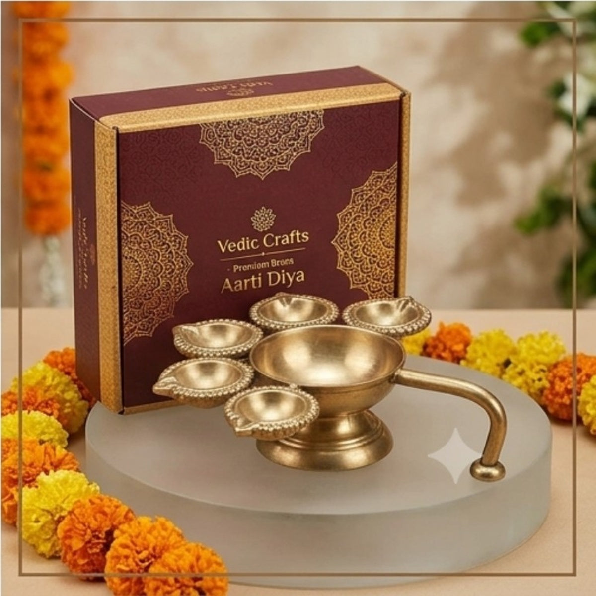 Premium brass aarti diya product display with gift-style presentation