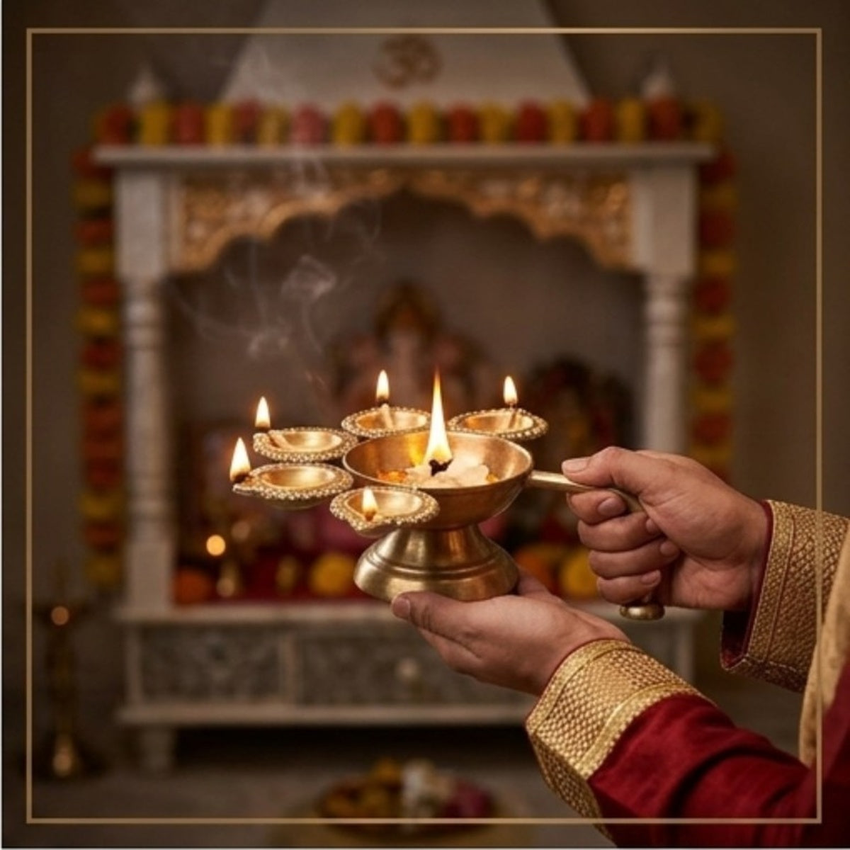 Brass aarti diya shown during aarti in a home temple setting