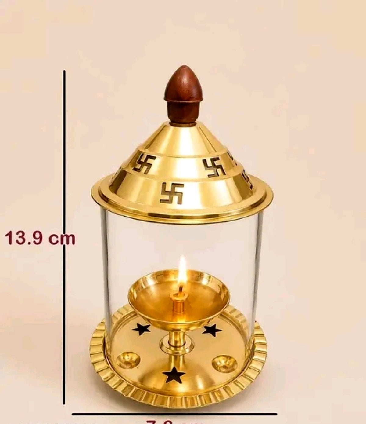Akhand Jyoti lamp dimensions as shown in product image: approximately 13.9 cm tall and 7.6 cm wide