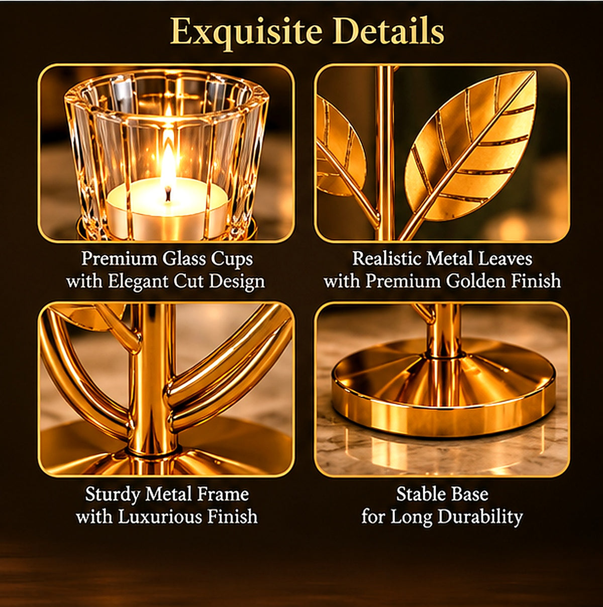 Aurelia Golden Leaf Tealight Candle Stand – glass cups, gold leaves and base details
