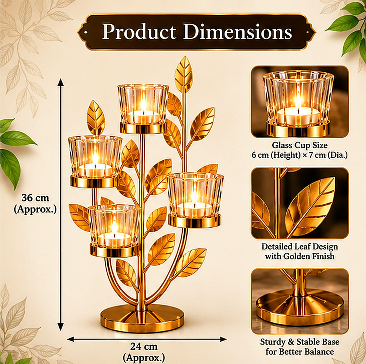 Aurelia Golden Leaf Tealight Candle Stand – dimensions and glass cup details