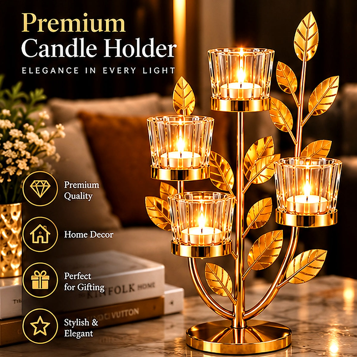 Aurelia Golden Leaf Tealight Candle Stand – hero promotional panel
