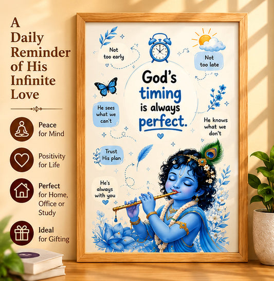 Main advertisement panel showing the framed Baby Krishna wall art with the message God's timing is always perfect