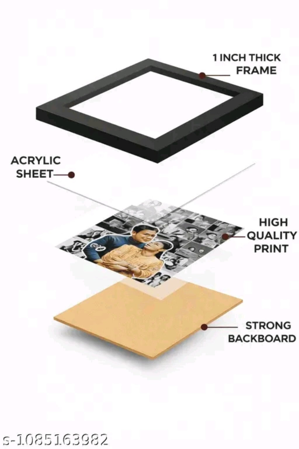Reference diagram showing a frame, acrylic sheet, printed artwork and backing board