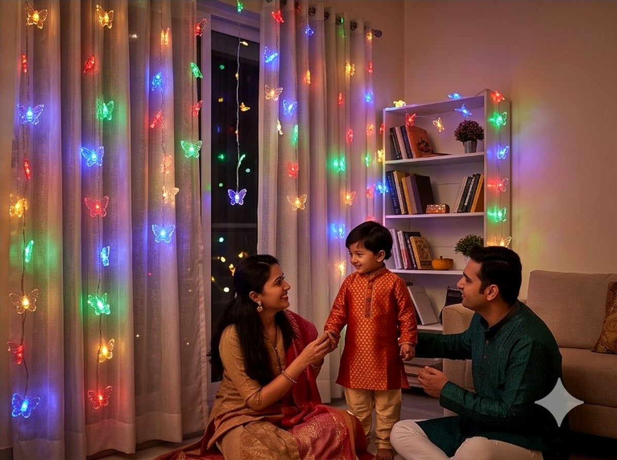 Colourful butterfly LED string lights decorating curtains in a living room during a family festival celebration