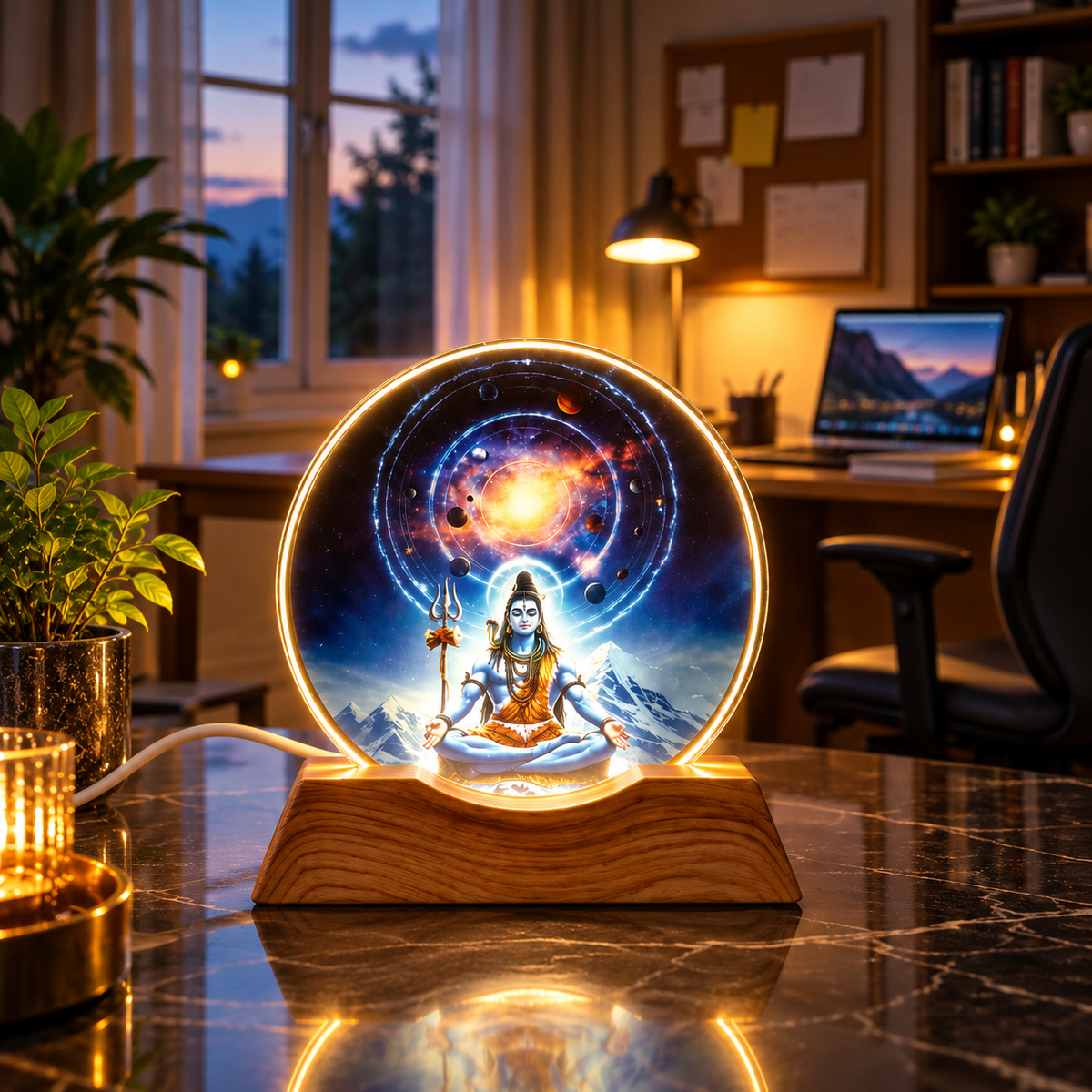 Cosmic Shiva LED lamp on a home office desk
