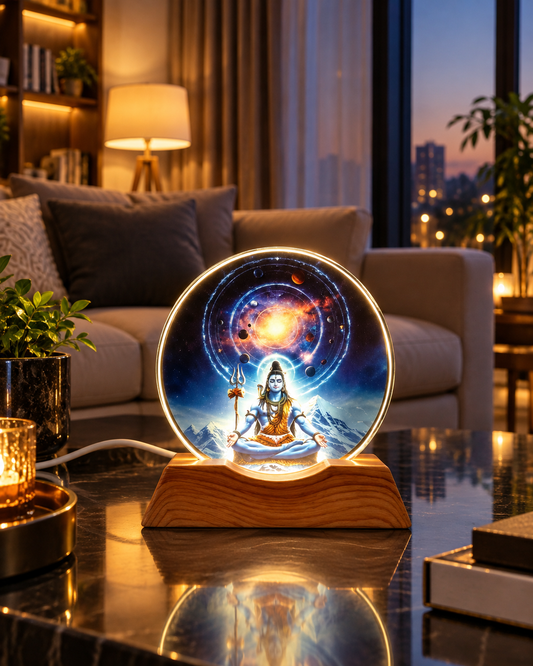 Cosmic Shiva LED lamp displayed in a warm modern living room