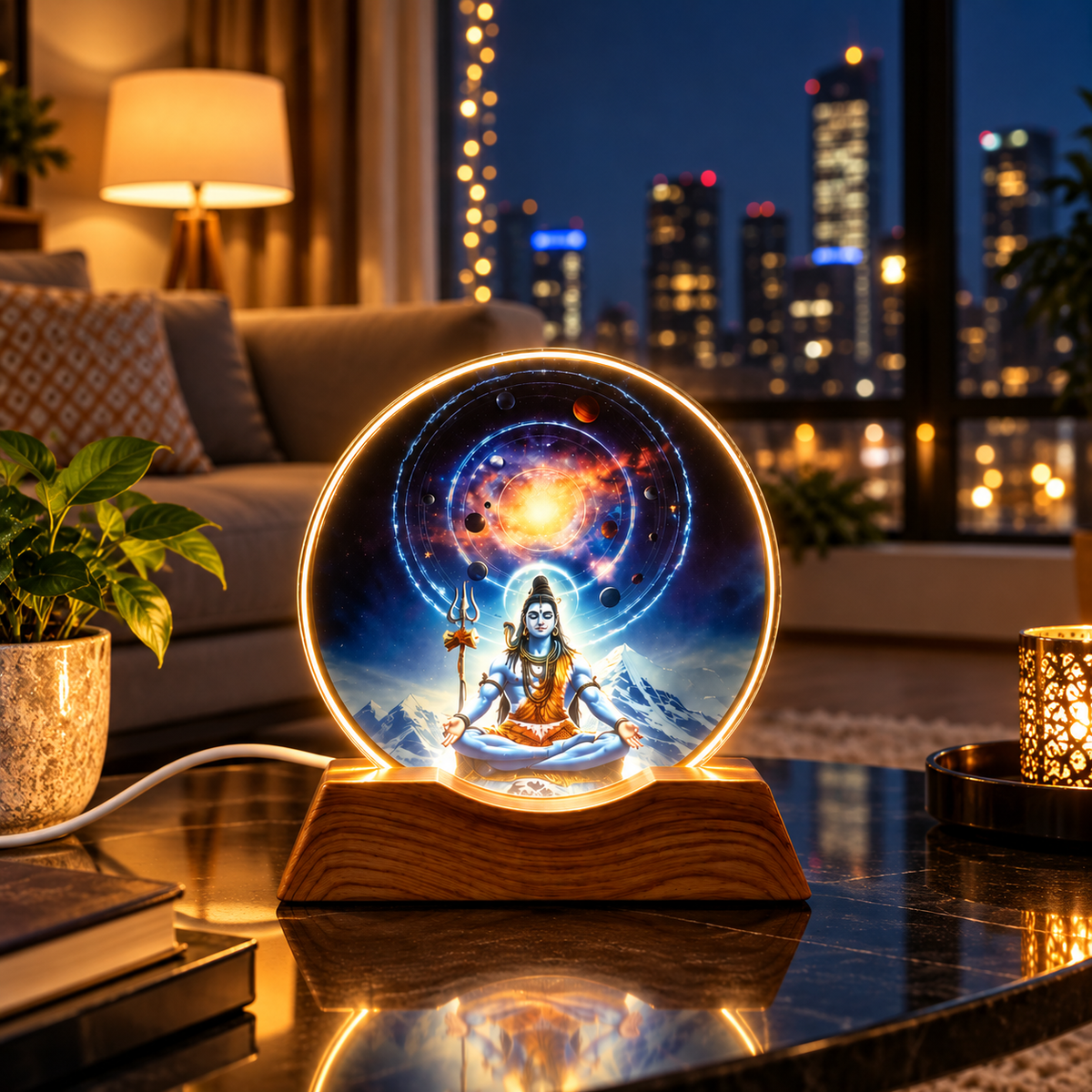 Illuminated Cosmic Shiva lamp in a modern living room at night