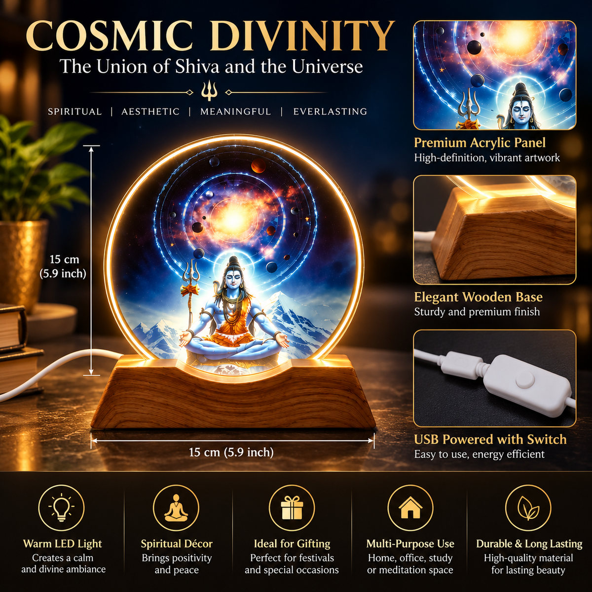 Cosmic Shiva LED lamp product feature infographic