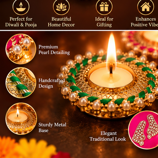 Close-up of the diya set's pearl-style and gold-tone detailing