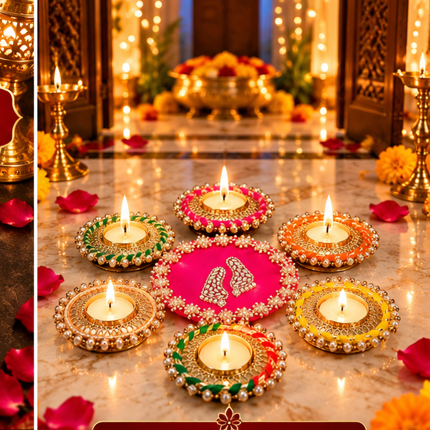 Decorative Diya Rangoli Set styled at a festive home entrance