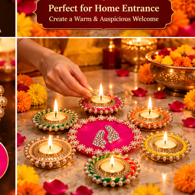 Decorative Diya Rangoli Set in a festive pooja setting