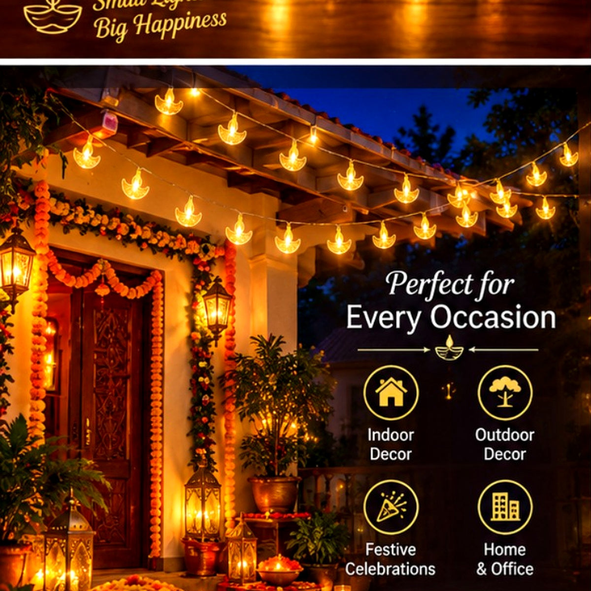 Diwali LED string lights displayed on a home exterior