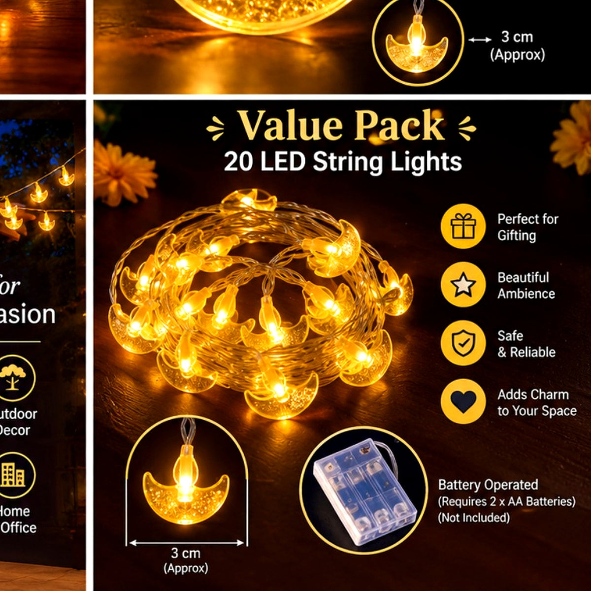 20 LED string lights — battery pack and product details