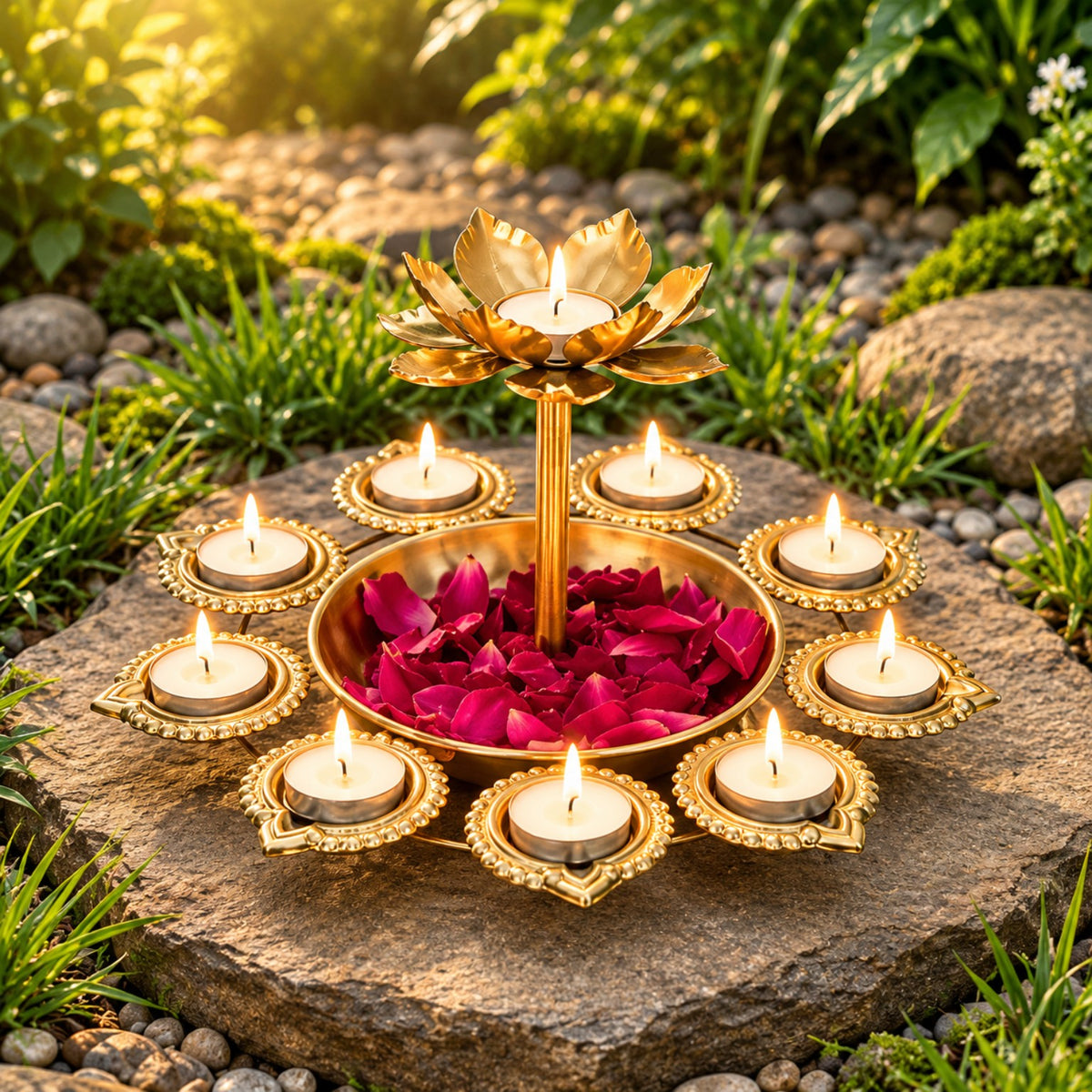 Gold lotus diya centerpiece surrounded by tea lights and peacock feathers displayed outdoors on a natural stone surface