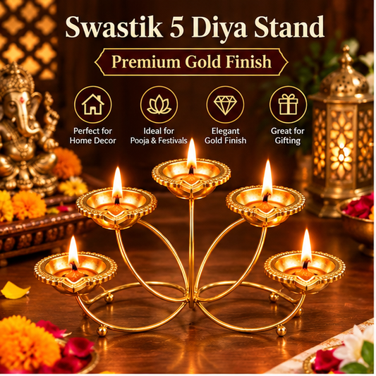 Premium gold-finish five diya stand in a festive pooja setting