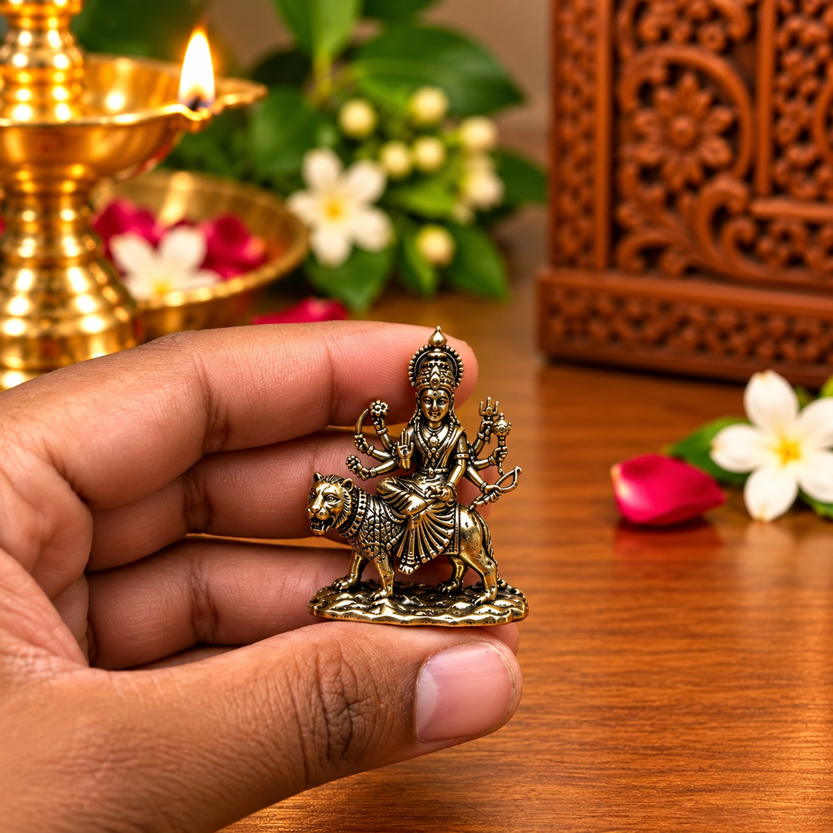 Close-up of the small antique-finish Goddess Durga idol held in hand