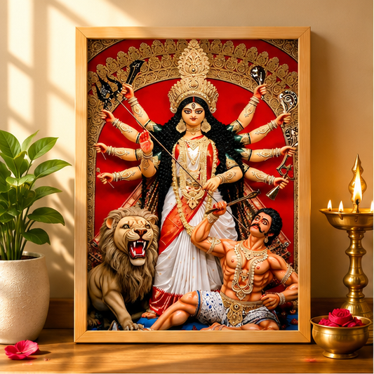 Maa Durga framed devotional wall art styled in a home