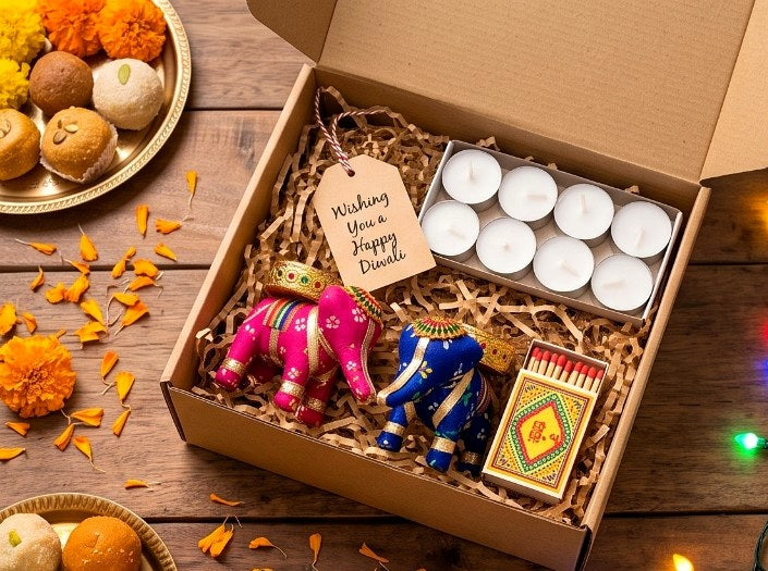 Gift set presentation with decorated elephant holders and tea lights; check included contents against actual pack