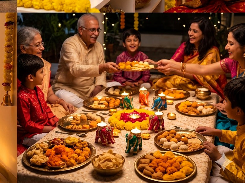 Family festive table setting featuring colourful elephant tea-light holders