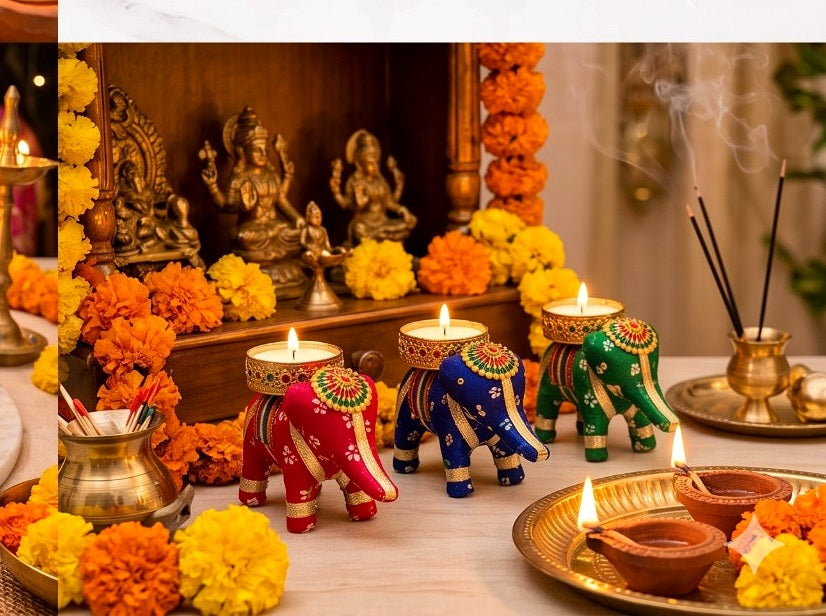 Colourful elephant tea-light holders arranged as home temple and festive decor