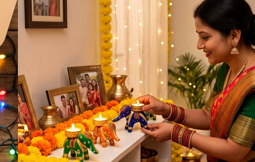 Lifestyle image of elephant tea-light holders being arranged for festive pooja decor