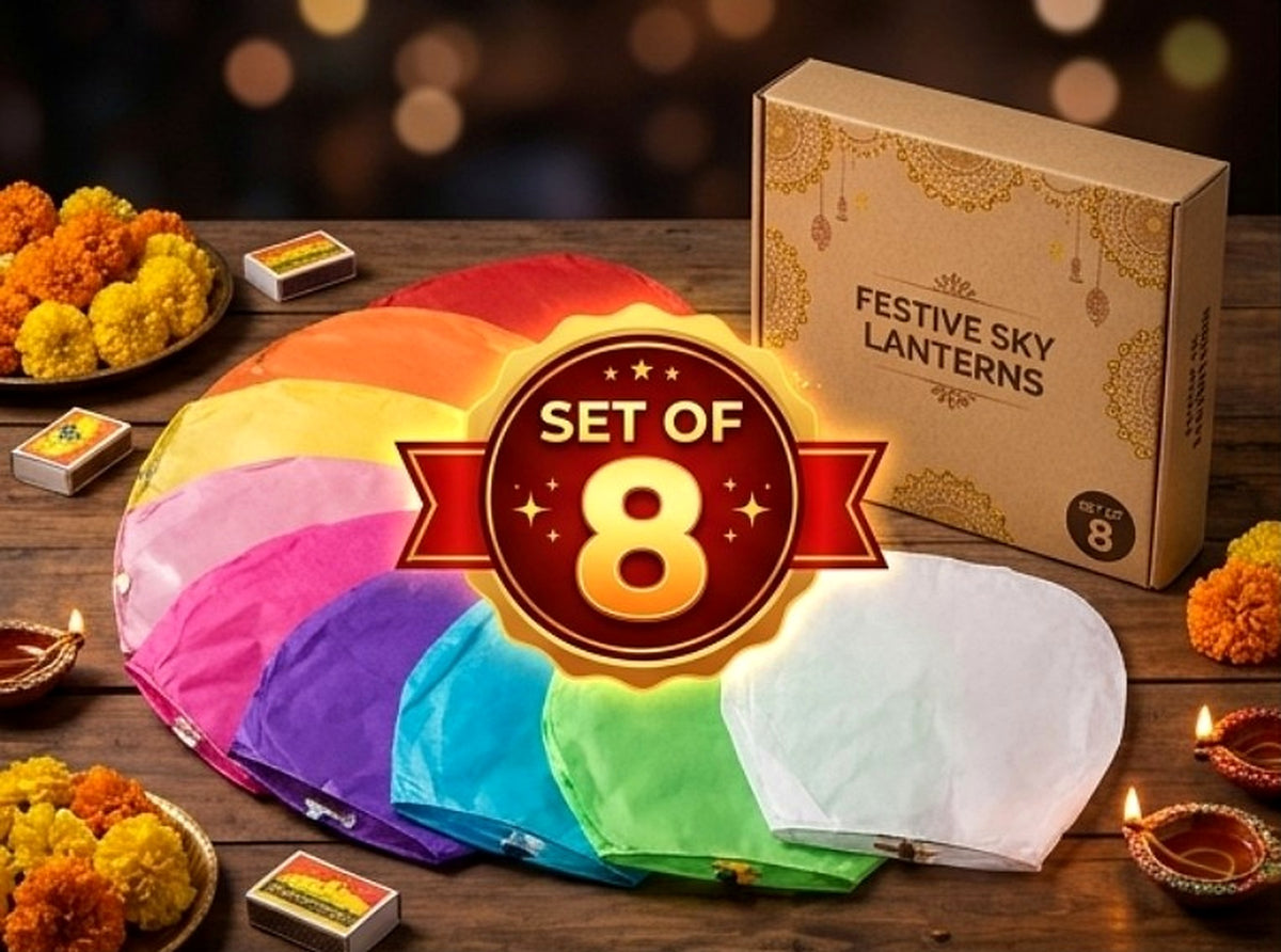 Main product photo showing a set of eight multicolour sky lanterns with their packaging; featured product image