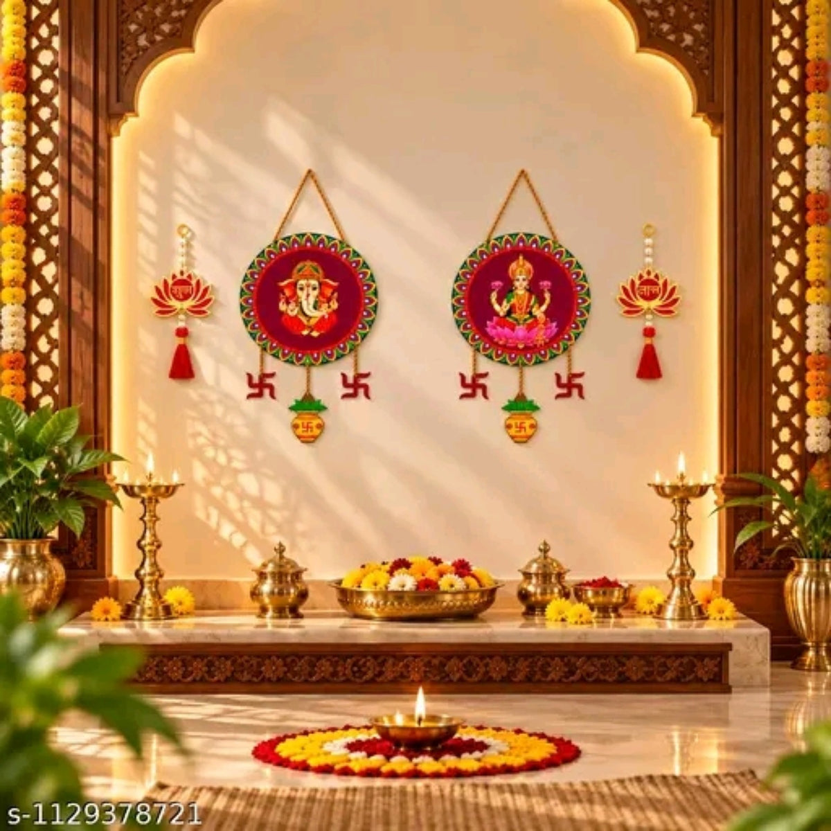 Ganesh Lakshmi festive toran wall decor set in a traditional home altar