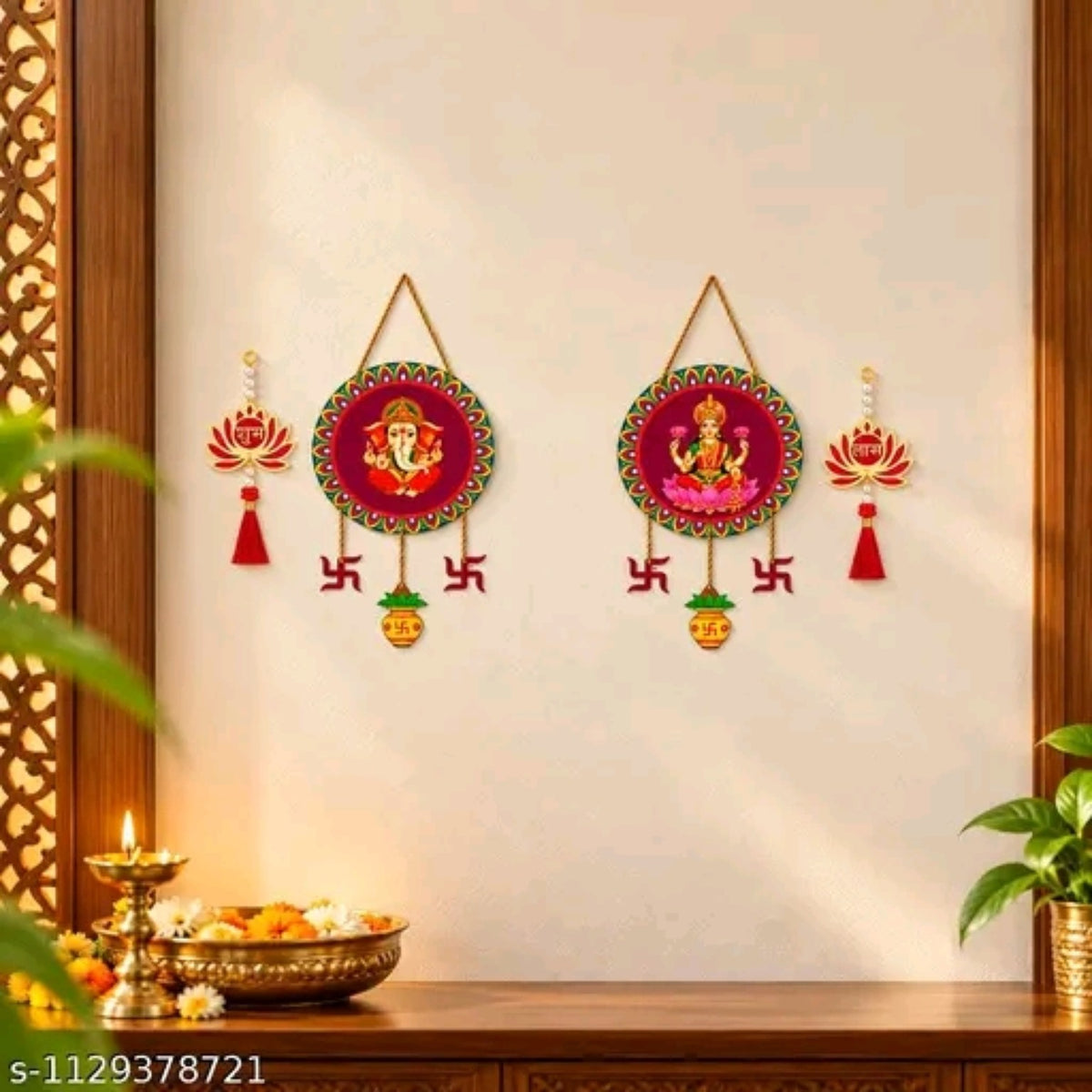 Close-up of multicolour Ganesh and Lakshmi festive wall hanging set