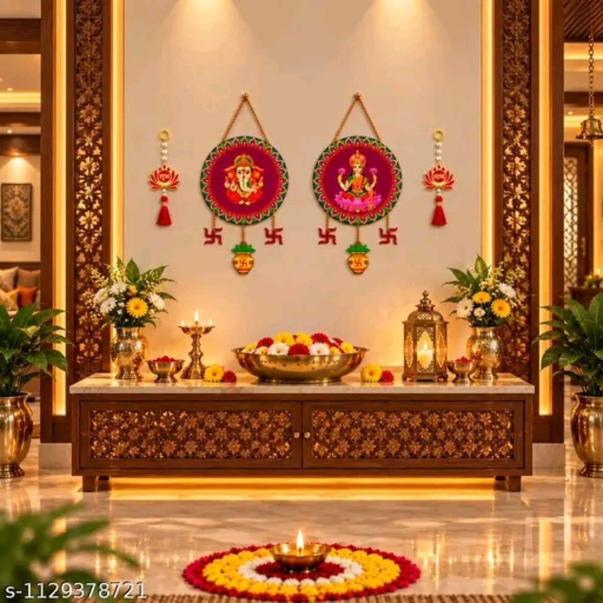 Ganesh Lakshmi wall hanging set styled in a premium festive pooja space