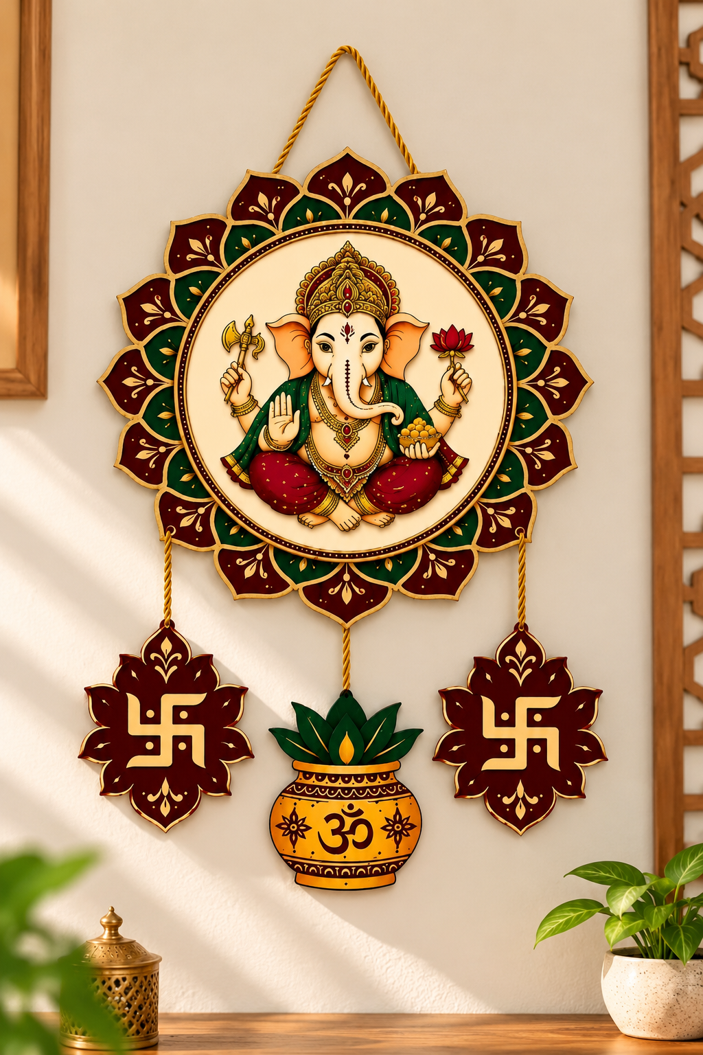 Clean main product photo of a colorful Lord Ganesha wall hanging with maroon and green lotus motifs, auspicious swastika plaques, and an Om kalash
