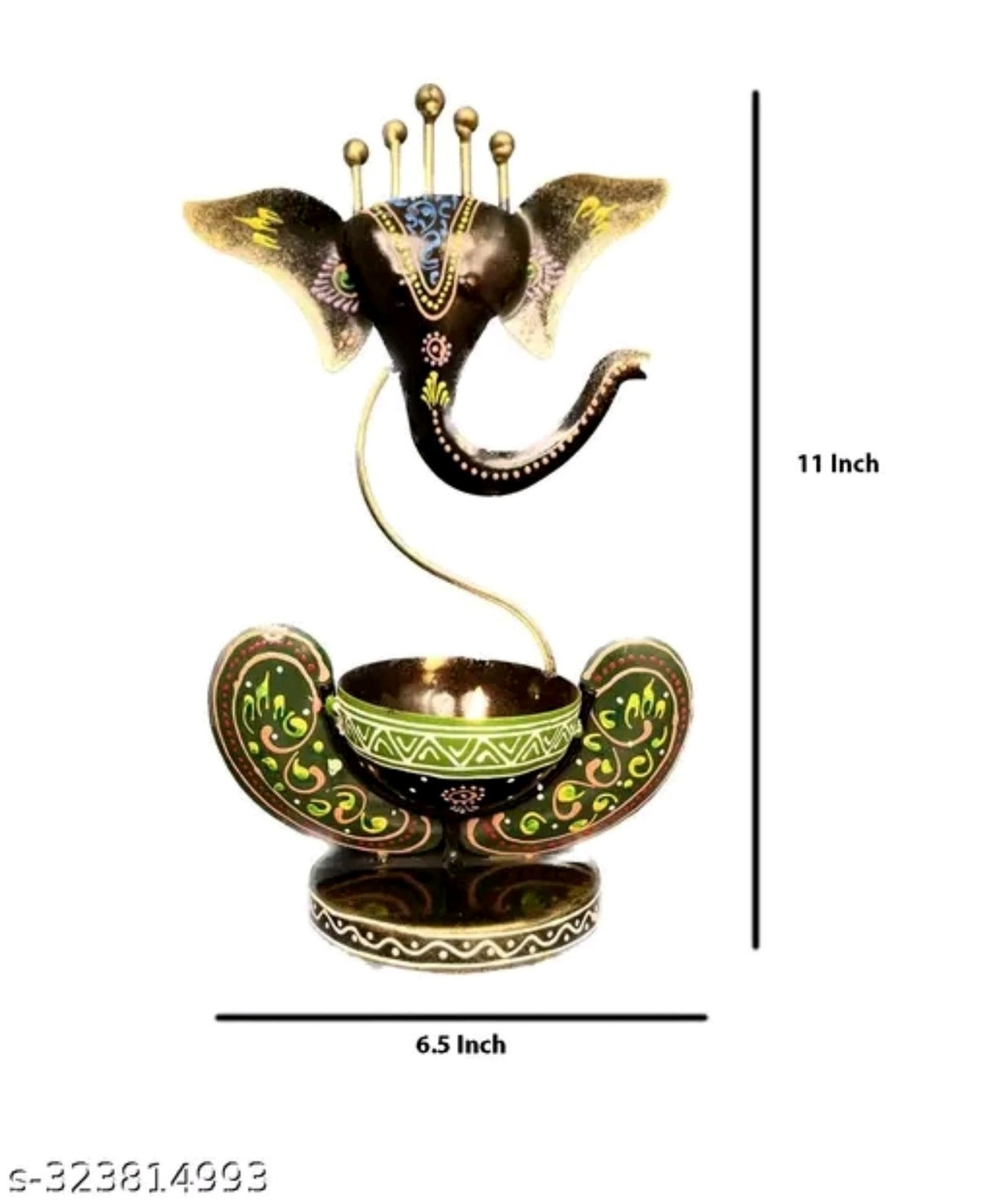 Size guide showing decorative Ganesha tea-light holder at approximately 11 inches tall and 6.5 inches wide