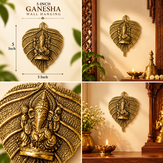 Four-panel advertisement for 5-inch 100% brass Ganesha peepal leaf wall hanging