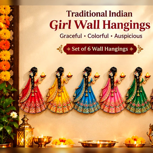 Set of six traditional Indian girl wall hangings — main display