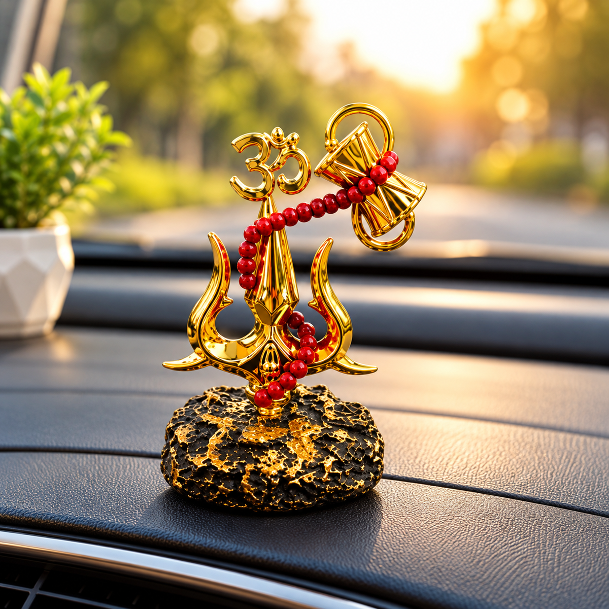 Close-up of golden Trishul idol on a car dashboard