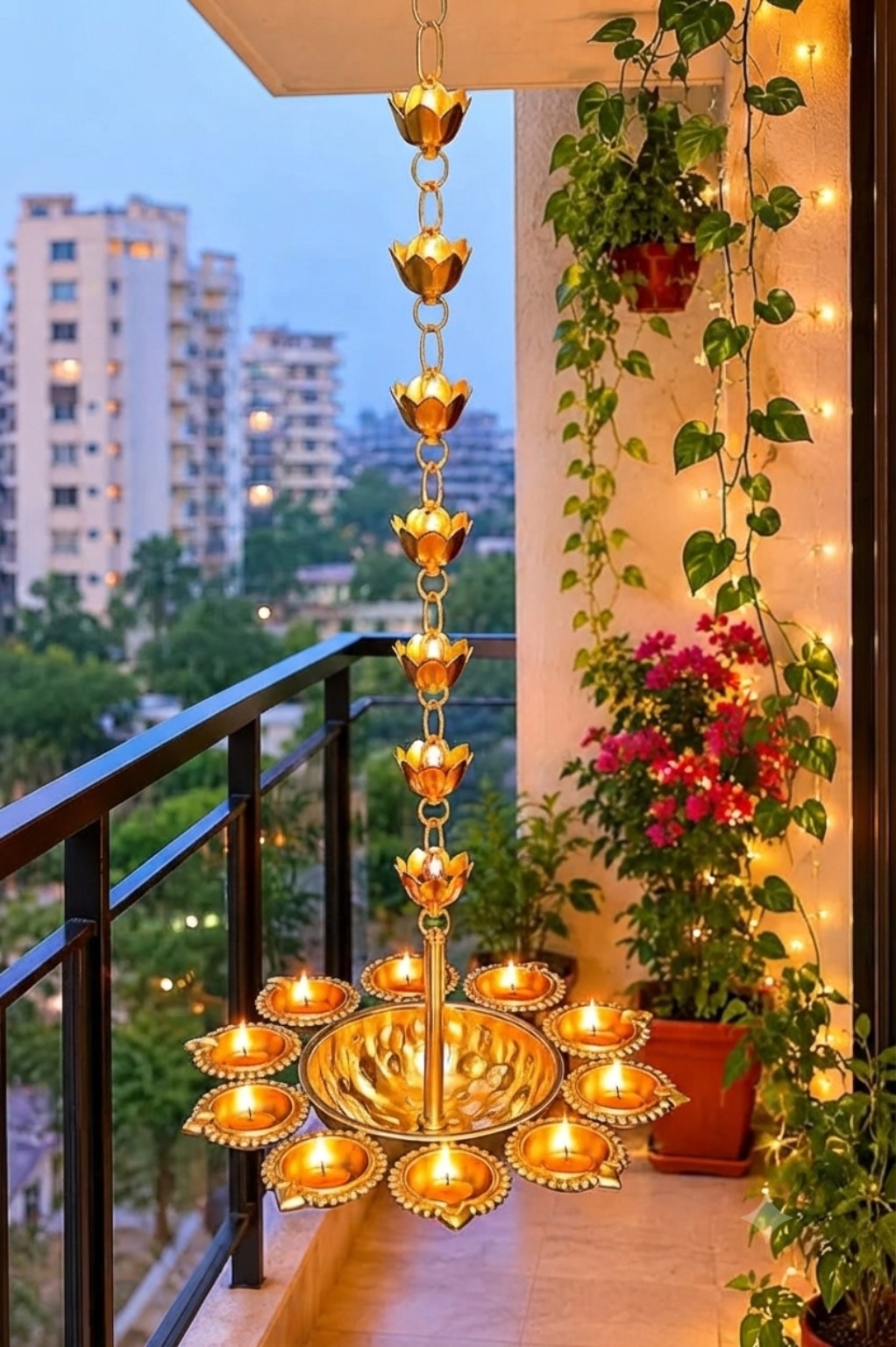 Decorative hanging lotus diya lamp displayed on a balcony during Diwali