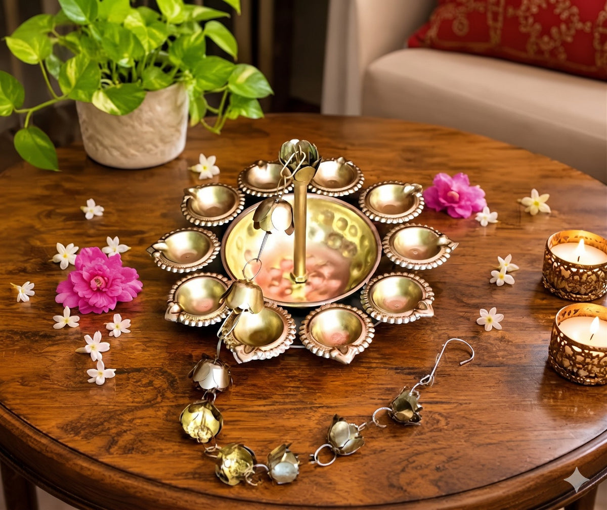 Decorative golden hanging lotus diya lamp styled for festive home decor