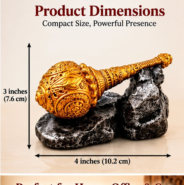 Golden Hanuman gada showpiece with approximate dimensions of 3 inches high and 4 inches wide